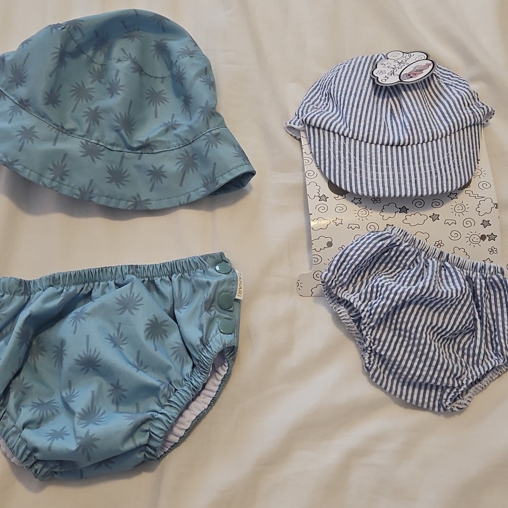 Blue and White Striped Baby Cap Bathing Suit Size 0-3 Months